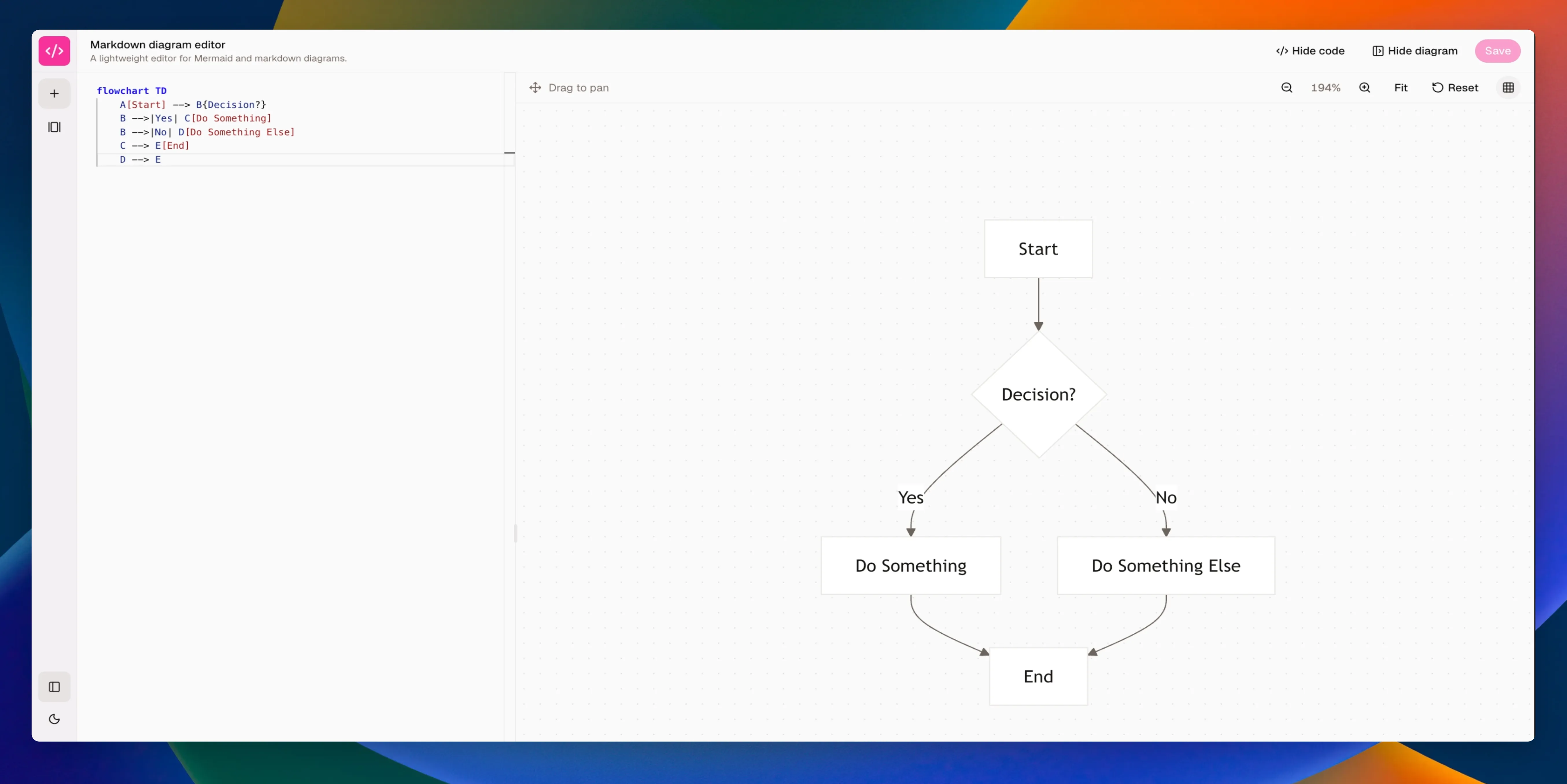 Editor de MermaidBin con código Mermaid a la izquierda y preview del diagrama a la derecha