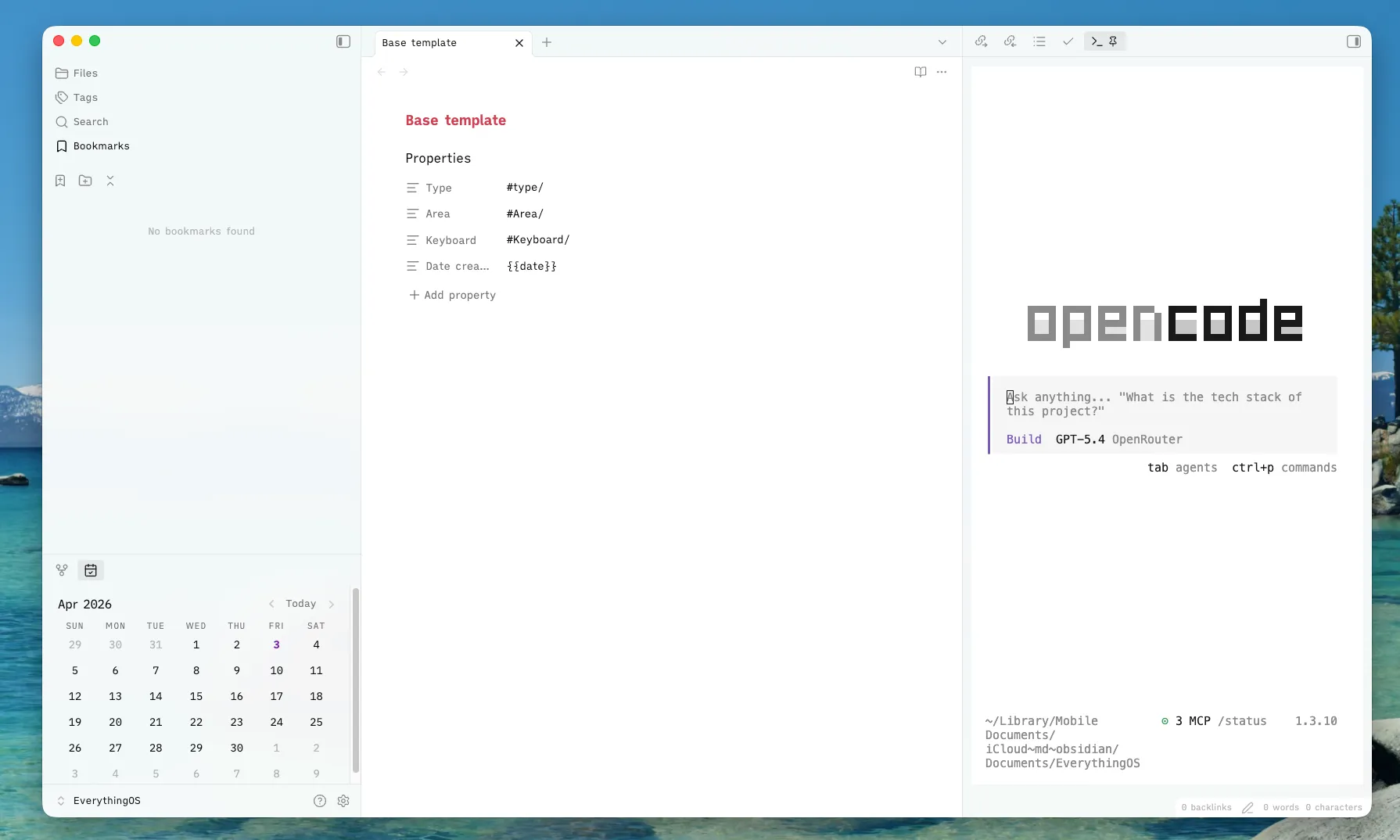 Vista de un vault de Obsidian organizado por áreas como Home, Journals, Outputs y Workspaces